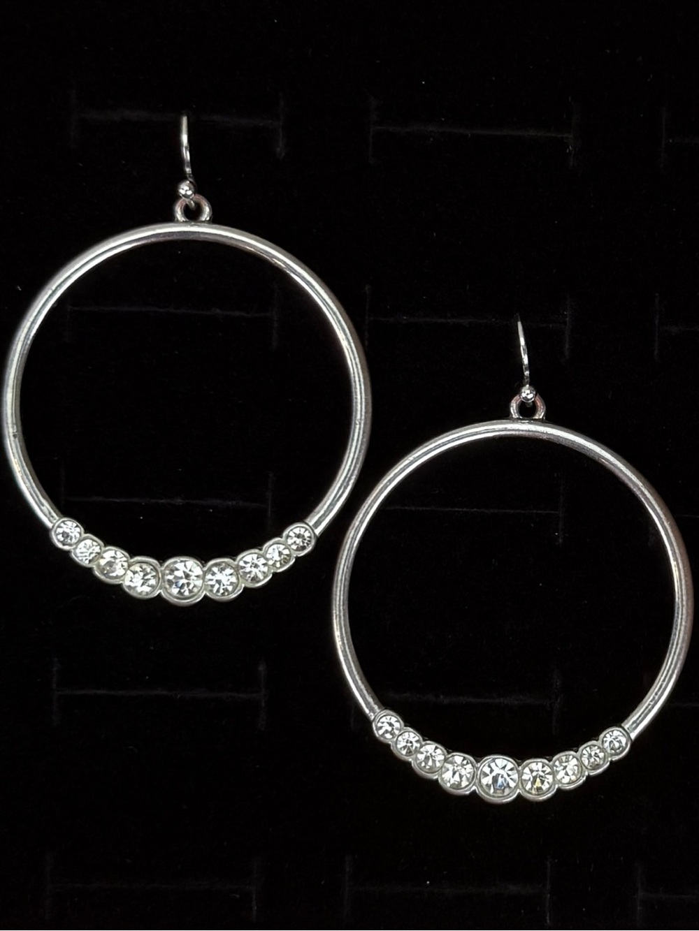 Vintage aged Silvertone circle, clear stone pierced earrings